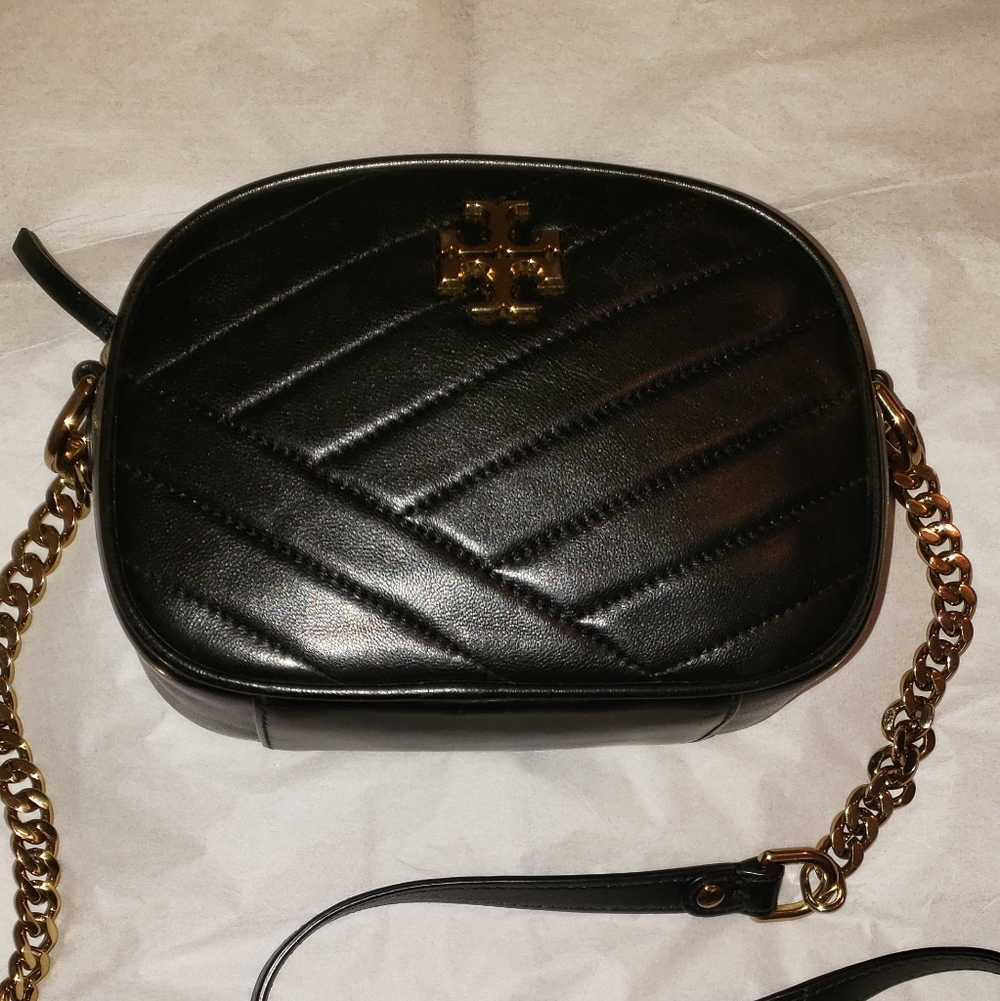 Tory Burch Leather Crossbody "Kira" Chevron Quilted Small Camera Bag, Black - Picture 2 of 13